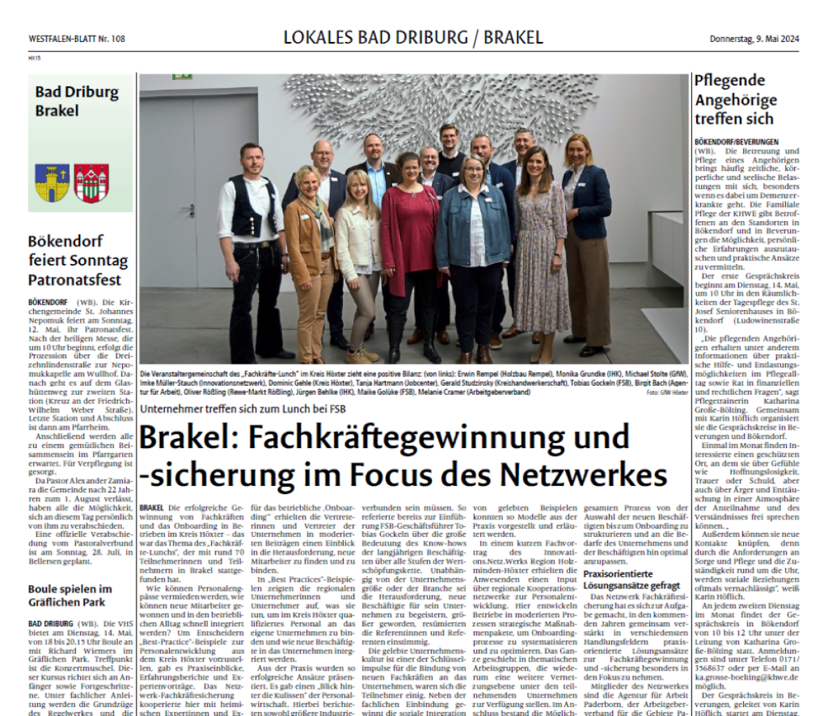 Westfalen-Blatt vom 09. Mai 2024:“Fachkräftelunch Brakel“