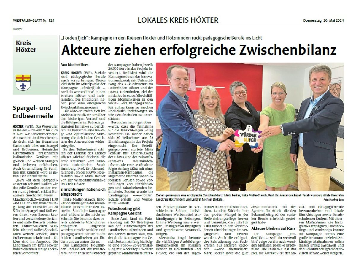 Westfalen-Blatt vom 30. Mai 2024:“ Akteure ziehen sich erfolgreiche Zwischenbilanz.“