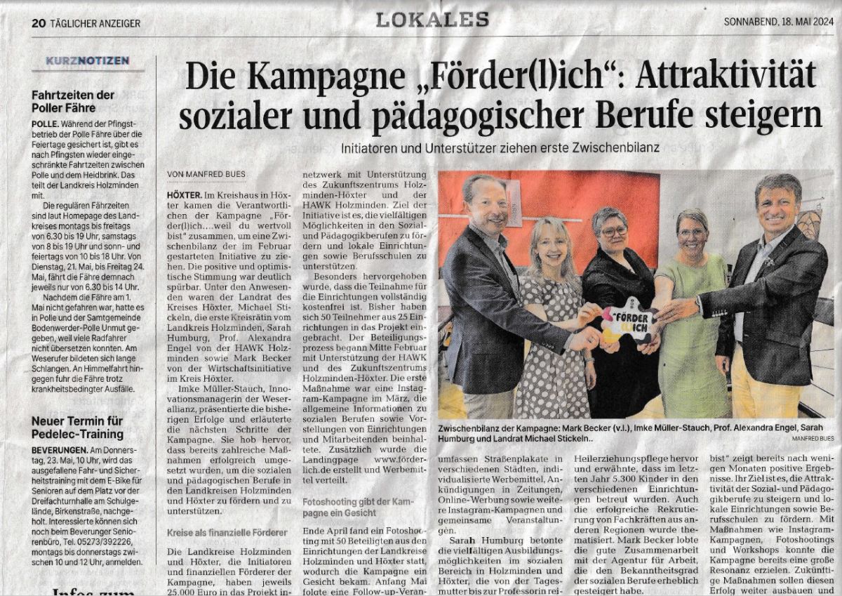 Täglicher Anzeiger vom 18. Mai 2024:“Attraktivität sozialer und pädagogischer Berufe steigern.“