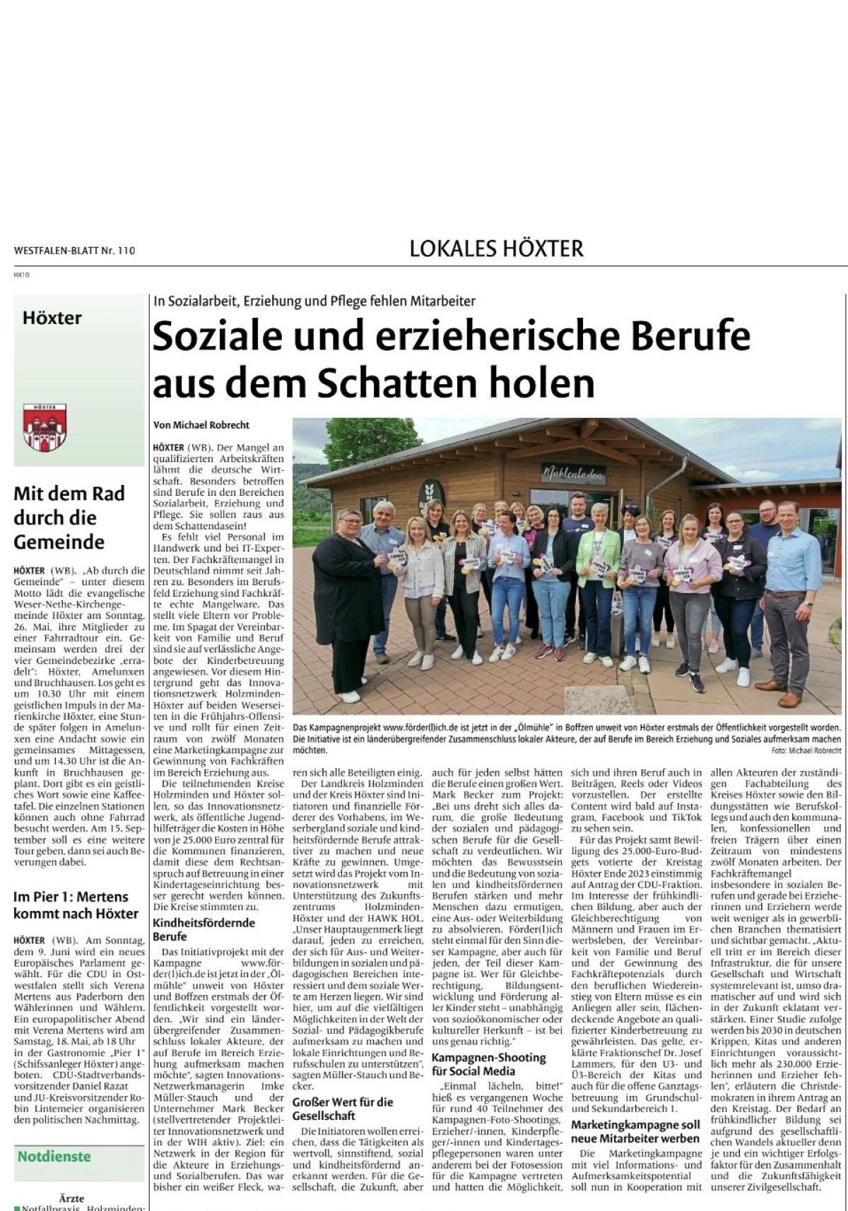 Westfalen-Blatt vom 06. Mai 2024:“ Soziale erzieherische Berufe aus dem Schatten holen.“