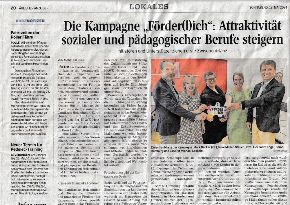 Täglicher Anzeiger vom 18. Mai 2024:“Attraktivität sozialer und pädagogischer Berufe steigern.“